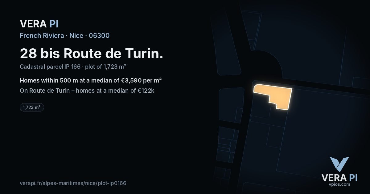 28 bis Route de Turin, Nice at night – the plot lit, the parcels around coloured by the prices near them