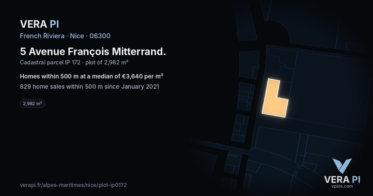 5 Avenue François Mitterrand, Nice at night – the plot lit, the parcels around coloured by the prices near them