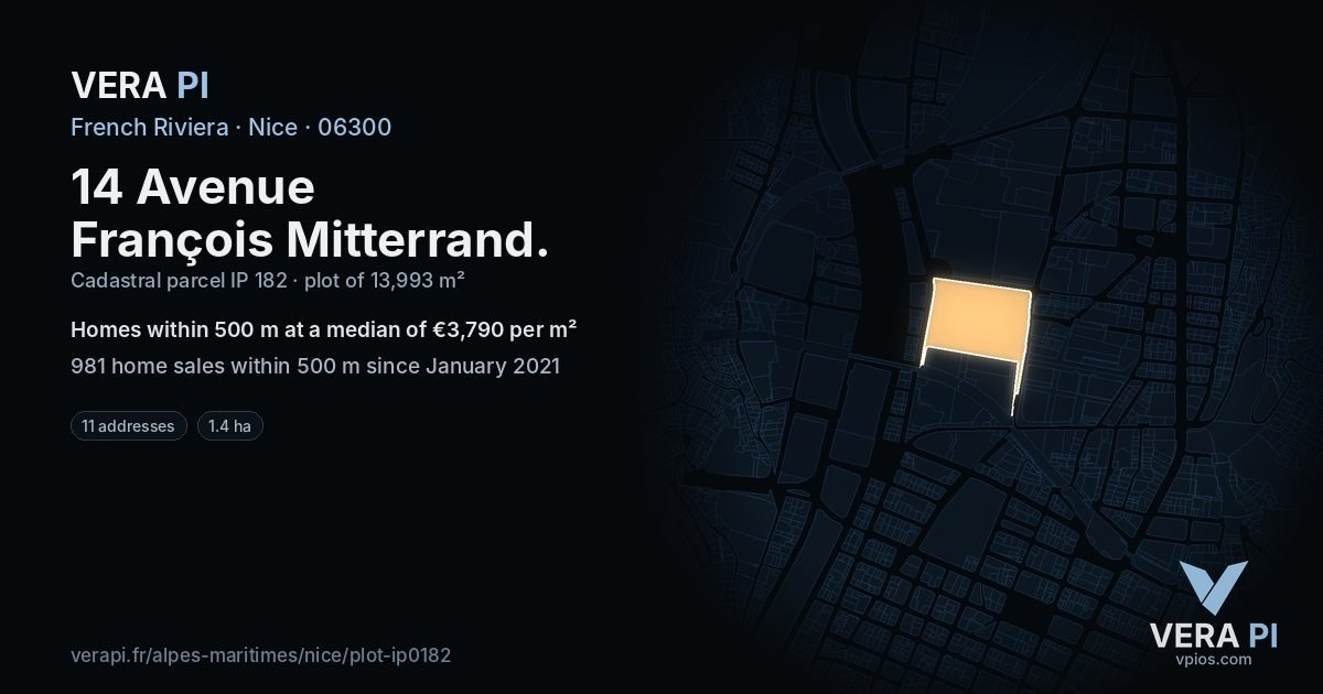 14 Avenue François Mitterrand, Nice at night – the plot lit, the parcels around coloured by the prices near them
