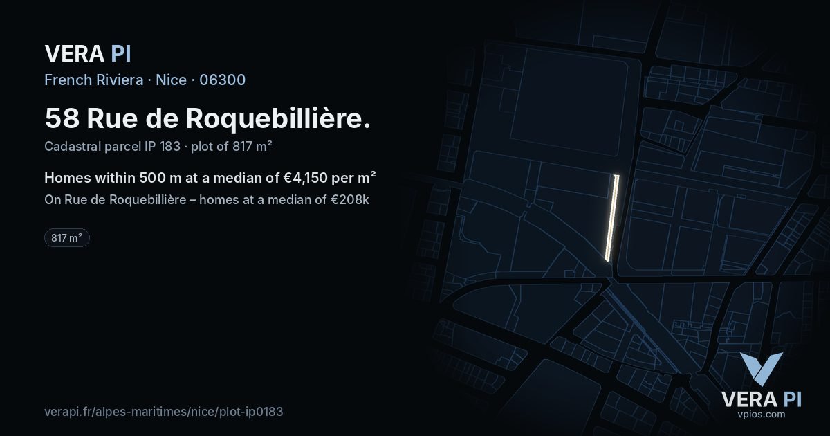 58 Rue de Roquebillière, Nice at night – the plot lit, the parcels around coloured by the prices near them