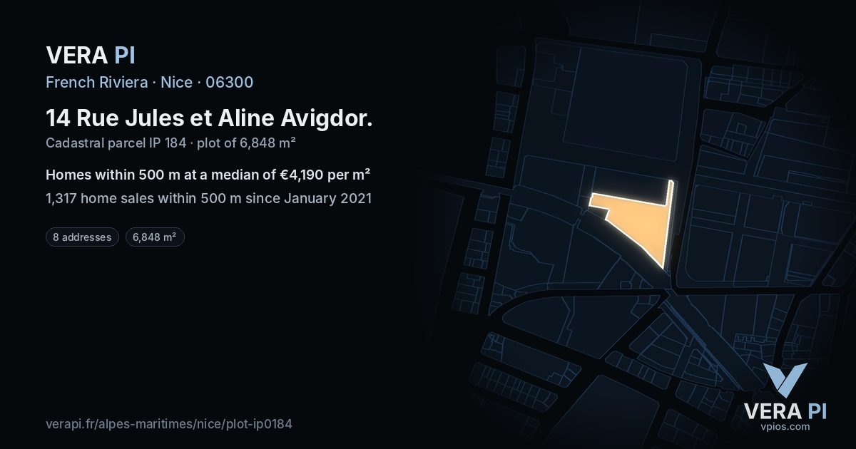 14 Rue Jules et Aline Avigdor, Nice at night – the plot lit, the parcels around coloured by the prices near them