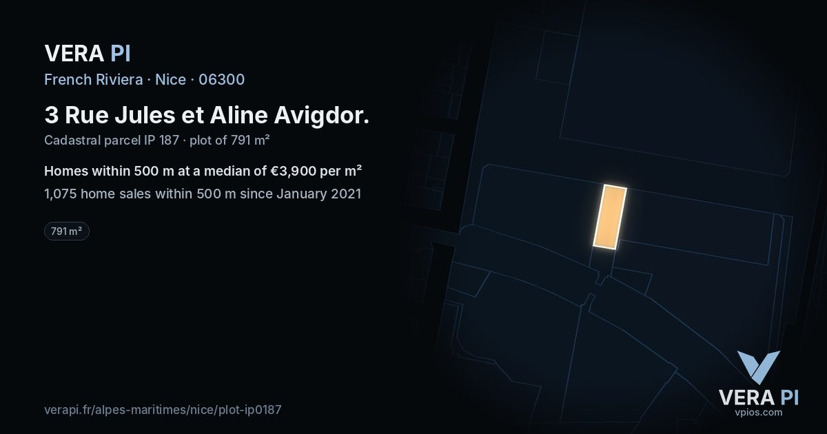 3 Rue Jules et Aline Avigdor, Nice at night – the plot lit, the parcels around coloured by the prices near them