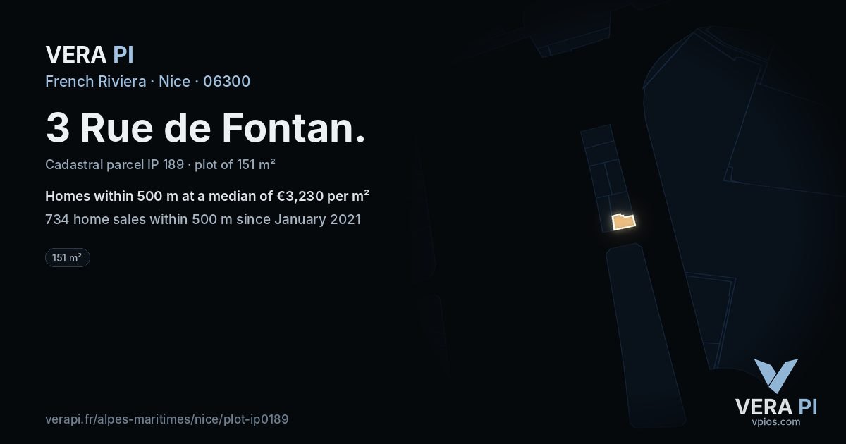 3 Rue de Fontan, Nice at night – the plot lit, the parcels around coloured by the prices near them