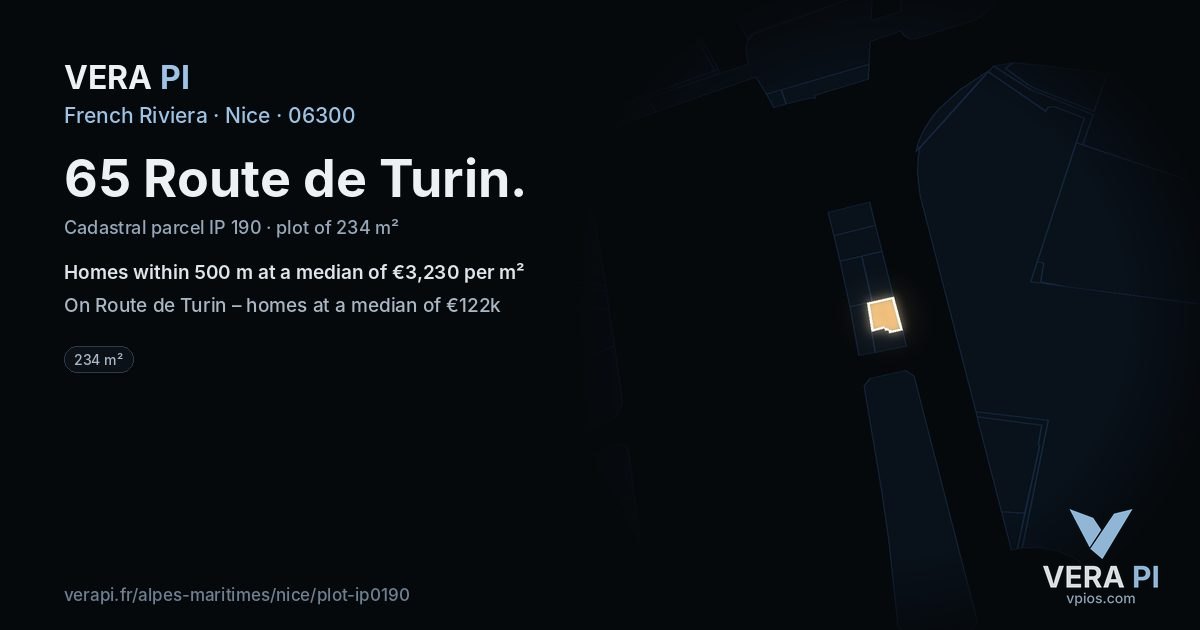 65 Route de Turin, Nice at night – the plot lit, the parcels around coloured by the prices near them