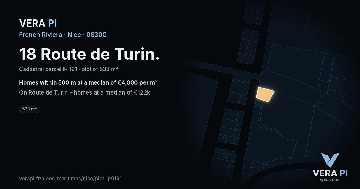 18 Route de Turin, Nice at night – the plot lit, the parcels around coloured by the prices near them