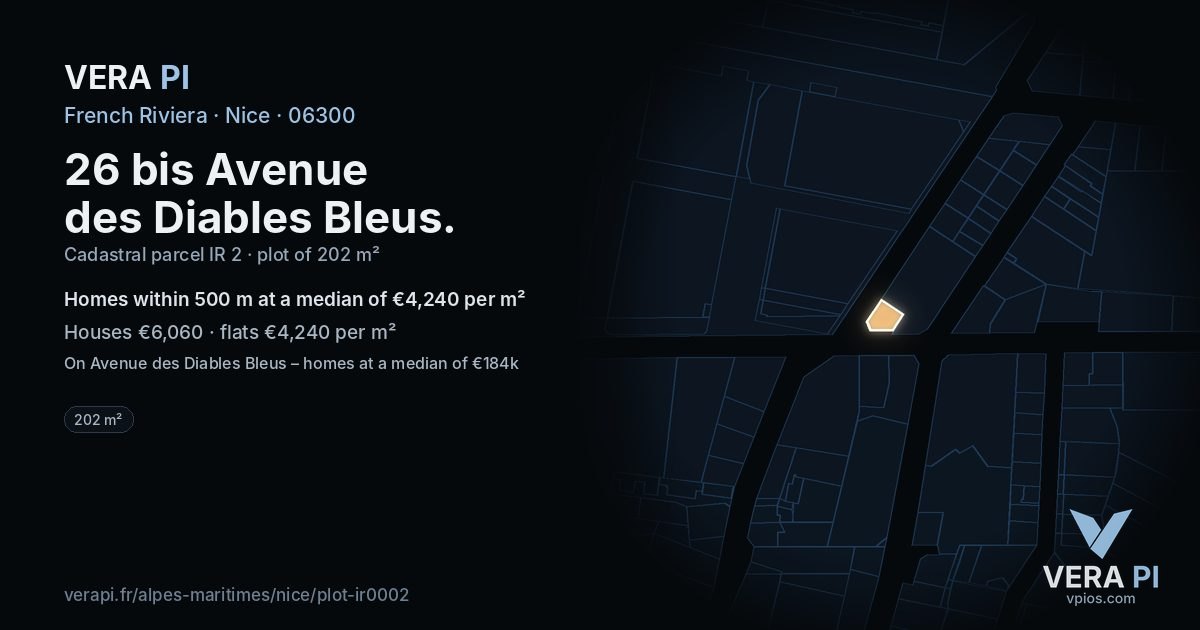 26 bis Avenue des Diables Bleus, Nice at night – the plot lit, the parcels around coloured by the prices near them