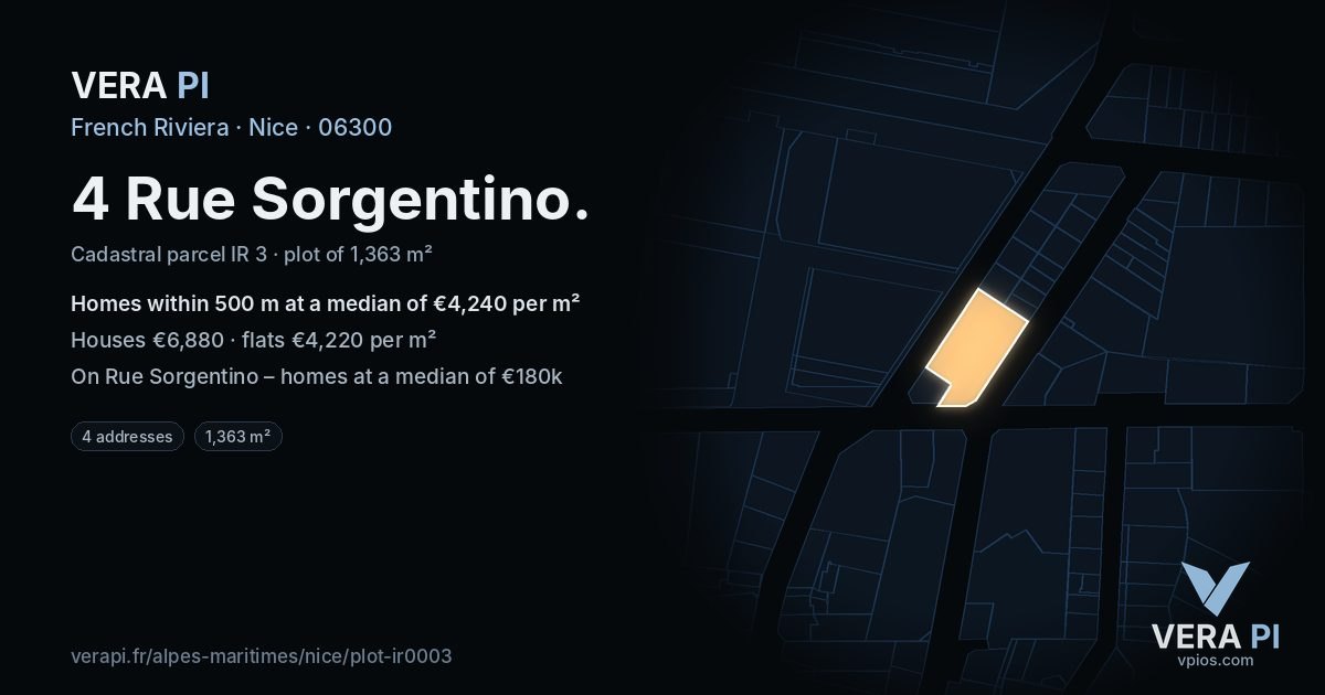 4 Rue Sorgentino, Nice at night – the plot lit, the parcels around coloured by the prices near them