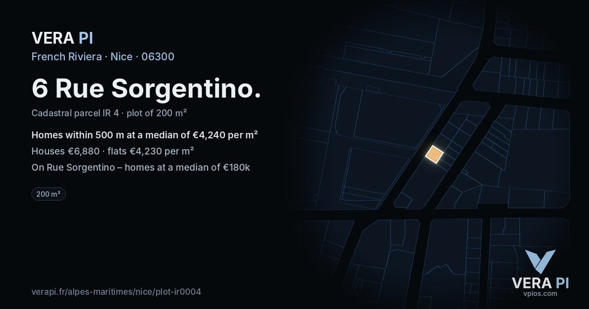 6 Rue Sorgentino, Nice at night – the plot lit, the parcels around coloured by the prices near them