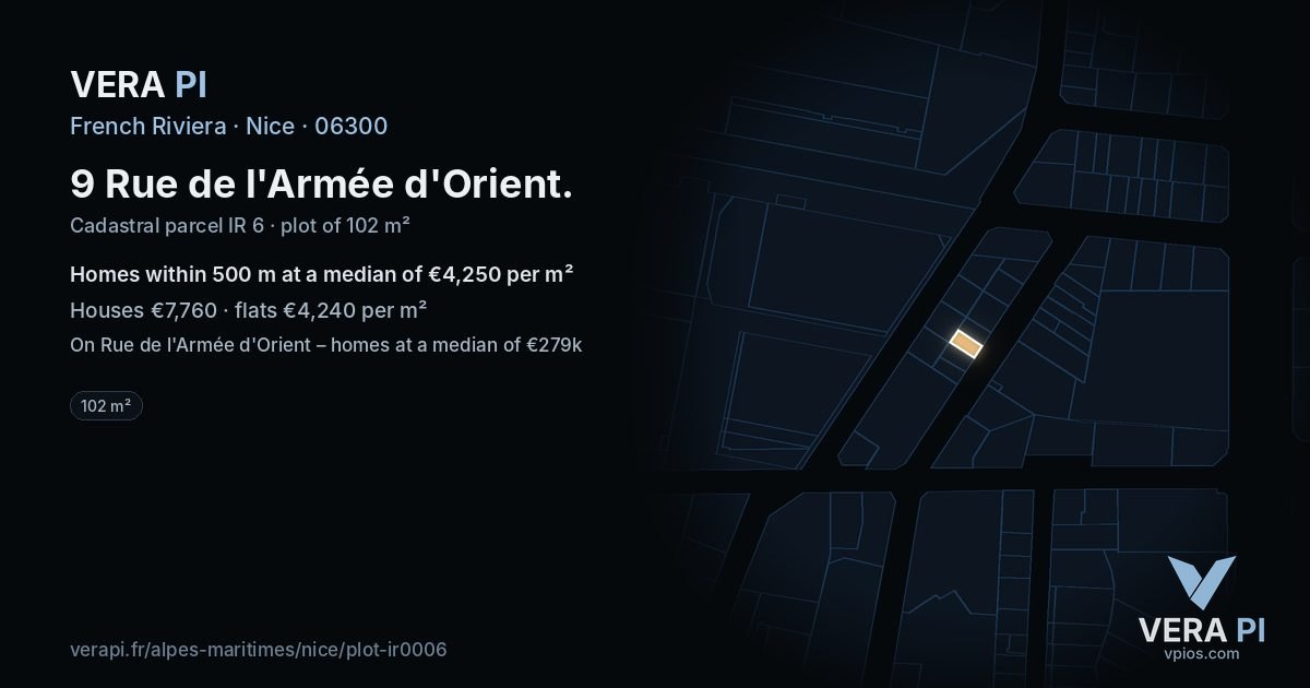 9 Rue de l'Armée d'Orient, Nice at night – the plot lit, the parcels around coloured by the prices near them