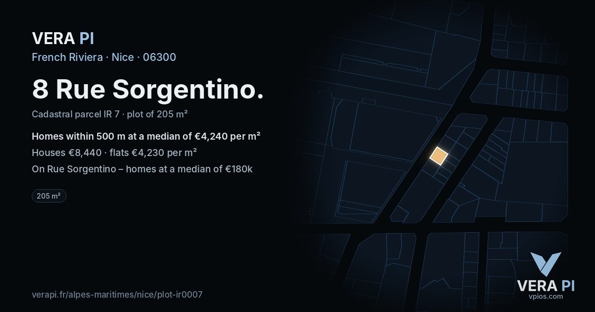 8 Rue Sorgentino, Nice at night – the plot lit, the parcels around coloured by the prices near them