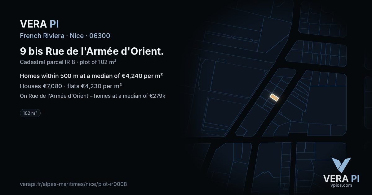 9 bis Rue de l'Armée d'Orient, Nice at night – the plot lit, the parcels around coloured by the prices near them