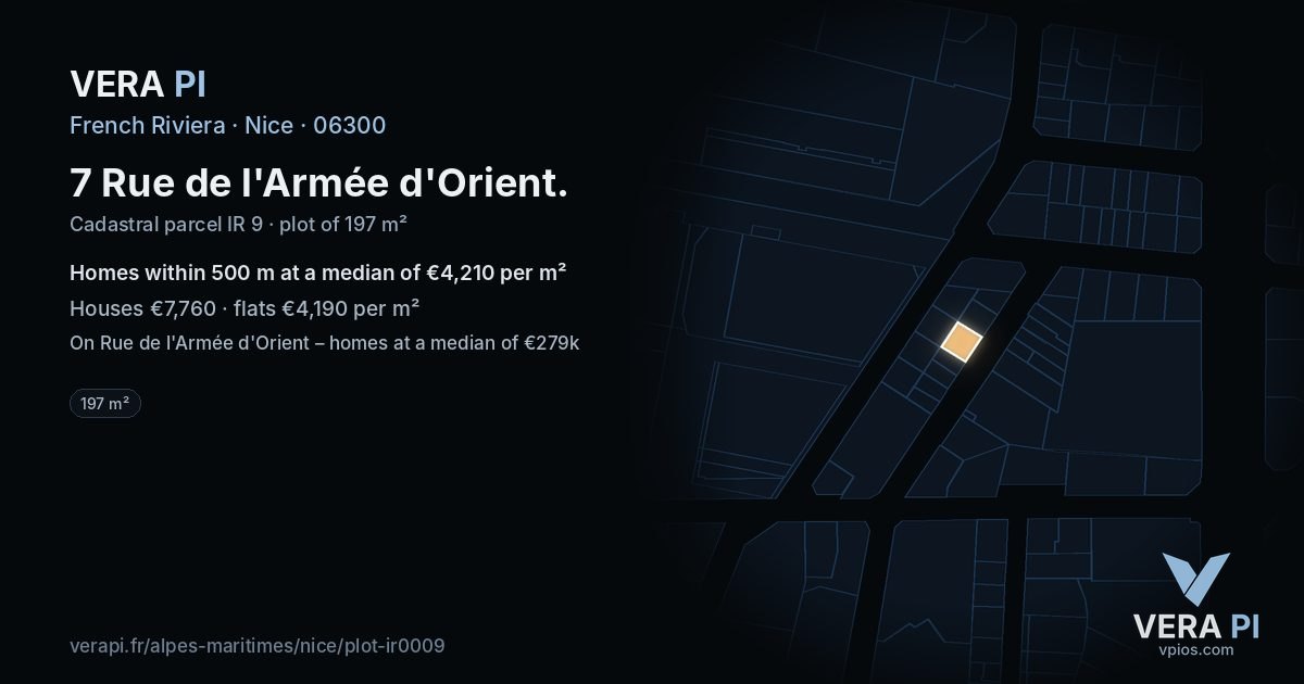 7 Rue de l'Armée d'Orient, Nice at night – the plot lit, the parcels around coloured by the prices near them