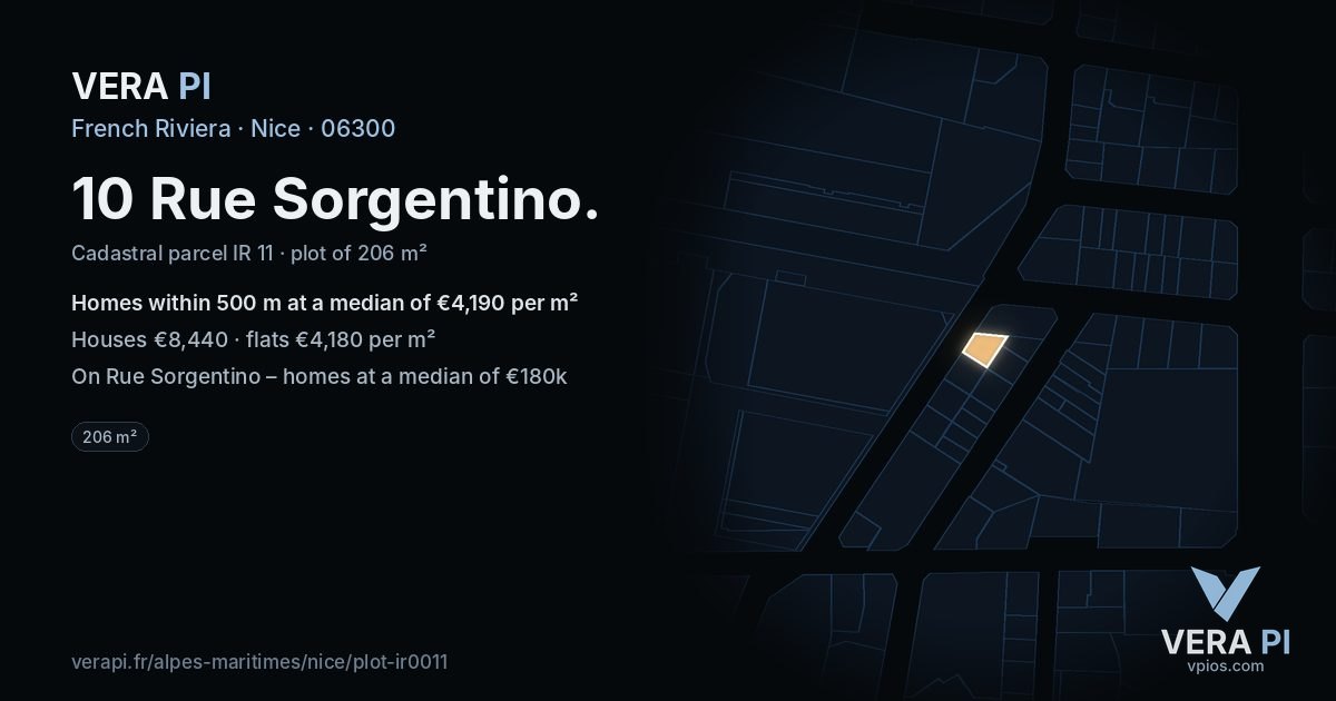 10 Rue Sorgentino, Nice at night – the plot lit, the parcels around coloured by the prices near them