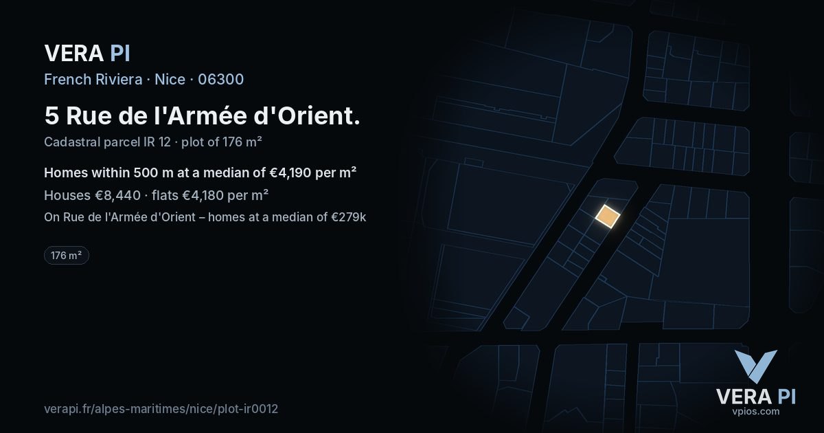 5 Rue de l'Armée d'Orient, Nice at night – the plot lit, the parcels around coloured by the prices near them