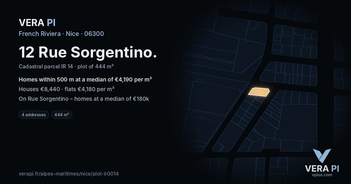 12 Rue Sorgentino, Nice at night – the plot lit, the parcels around coloured by the prices near them