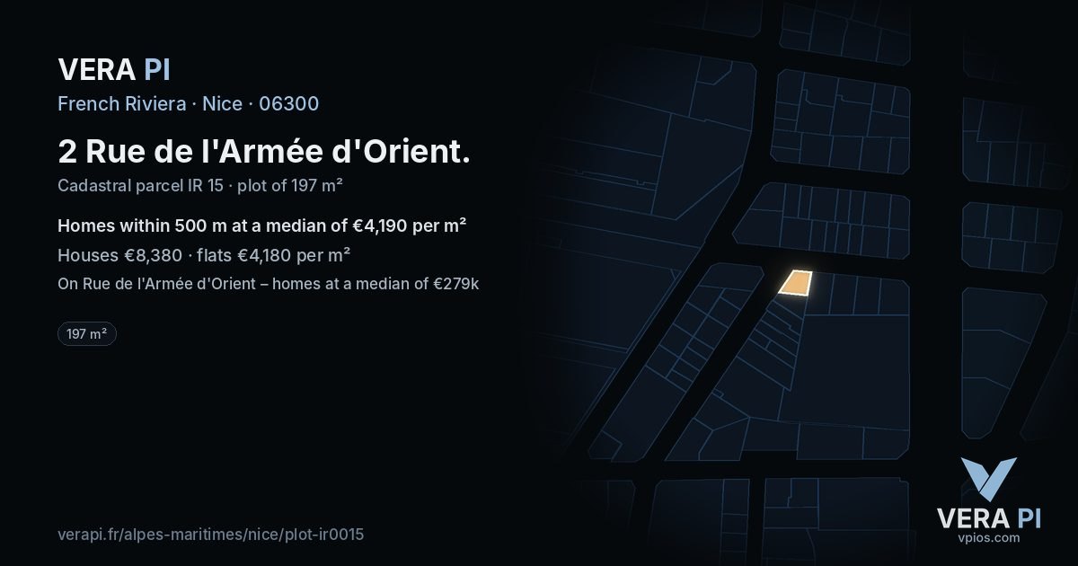 2 Rue de l'Armée d'Orient, Nice at night – the plot lit, the parcels around coloured by the prices near them