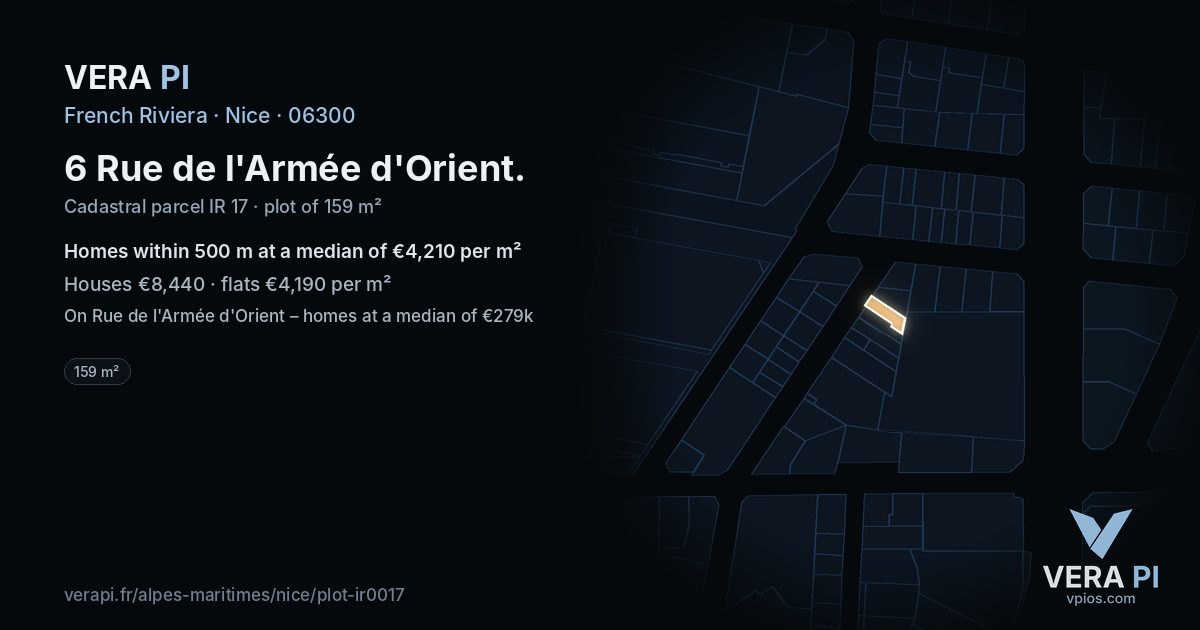 6 Rue de l'Armée d'Orient, Nice at night – the plot lit, the parcels around coloured by the prices near them