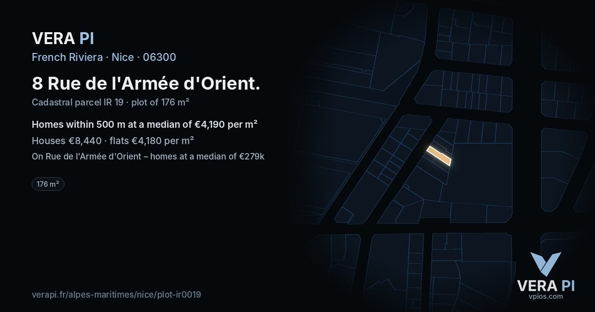 8 Rue de l'Armée d'Orient, Nice at night – the plot lit, the parcels around coloured by the prices near them
