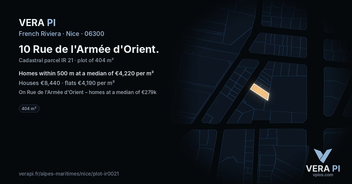 10 Rue de l'Armée d'Orient, Nice at night – the plot lit, the parcels around coloured by the prices near them
