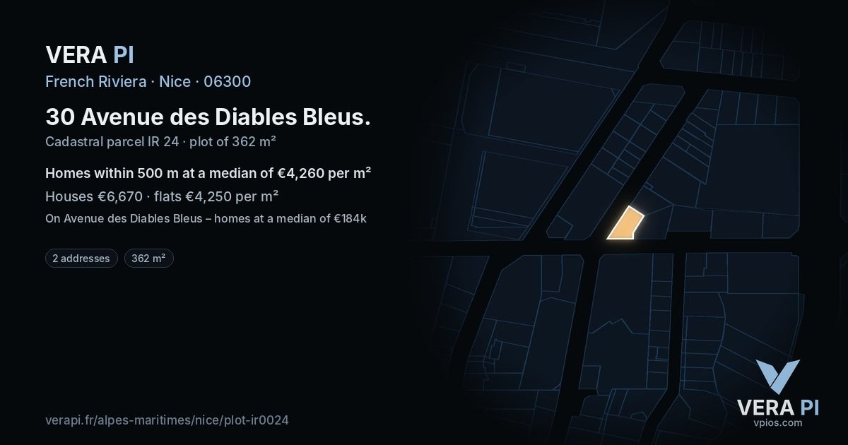 30 Avenue des Diables Bleus, Nice at night – the plot lit, the parcels around coloured by the prices near them