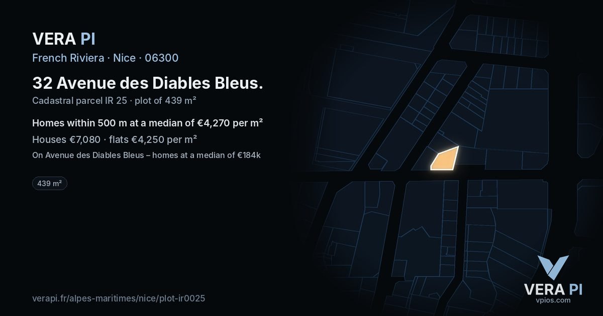 32 Avenue des Diables Bleus, Nice at night – the plot lit, the parcels around coloured by the prices near them