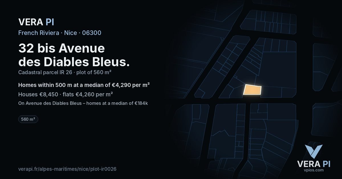 32 bis Avenue des Diables Bleus, Nice at night – the plot lit, the parcels around coloured by the prices near them