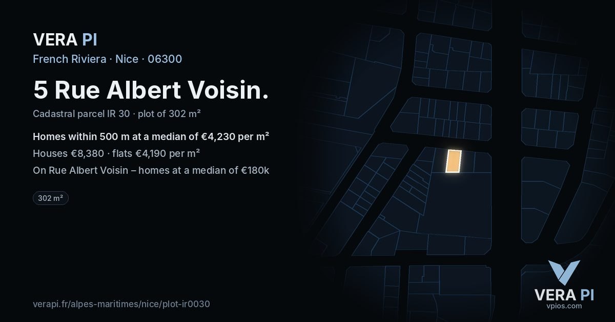5 Rue Albert Voisin, Nice at night – the plot lit, the parcels around coloured by the prices near them