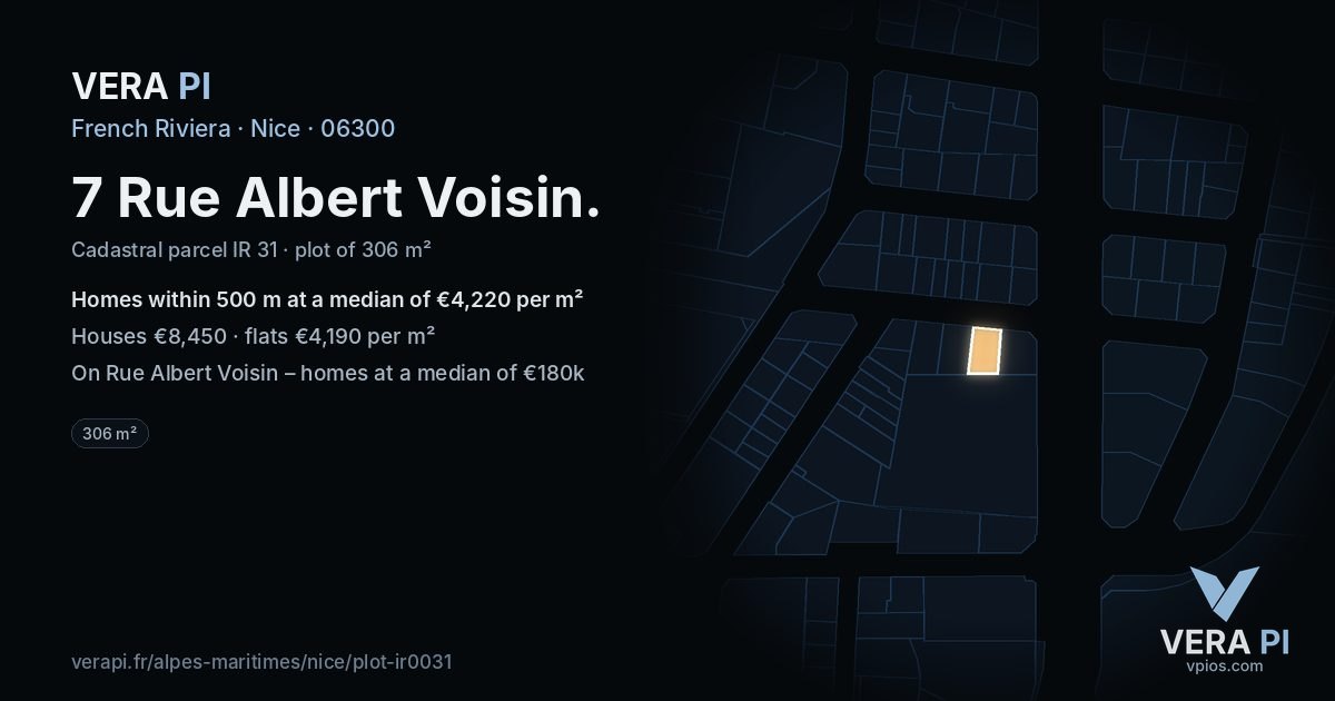 7 Rue Albert Voisin, Nice at night – the plot lit, the parcels around coloured by the prices near them