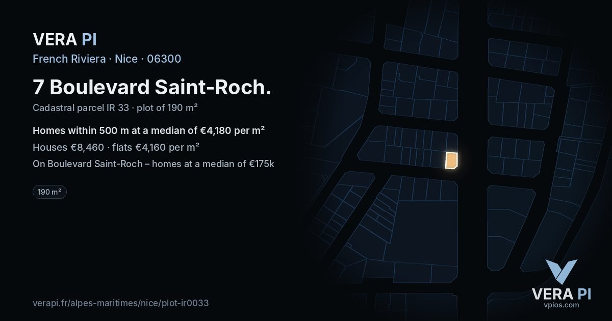 7 Boulevard Saint-Roch, Nice at night – the plot lit, the parcels around coloured by the prices near them