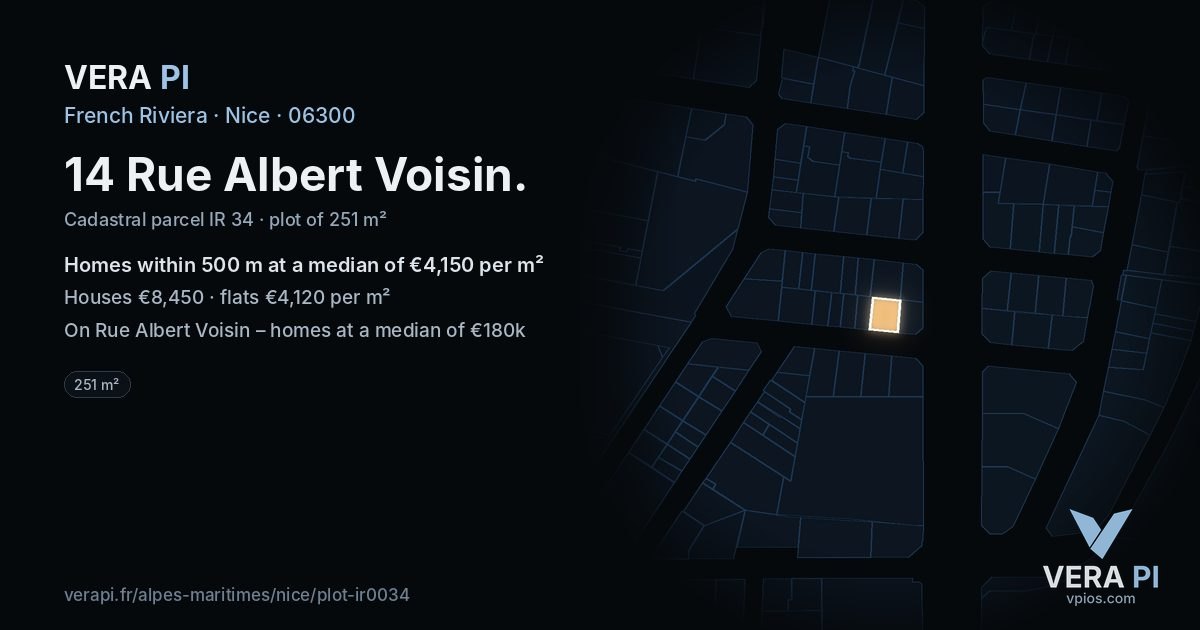 14 Rue Albert Voisin, Nice at night – the plot lit, the parcels around coloured by the prices near them