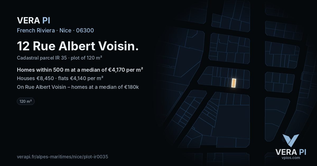12 Rue Albert Voisin, Nice at night – the plot lit, the parcels around coloured by the prices near them