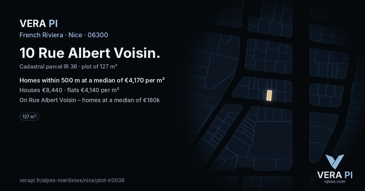 10 Rue Albert Voisin, Nice at night – the plot lit, the parcels around coloured by the prices near them
