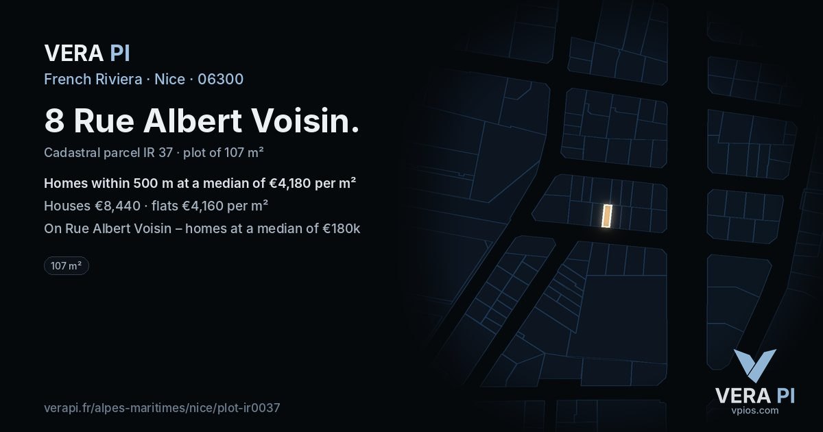 8 Rue Albert Voisin, Nice at night – the plot lit, the parcels around coloured by the prices near them