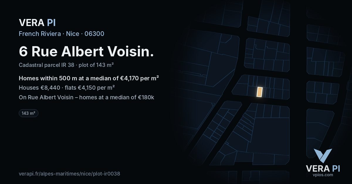 6 Rue Albert Voisin, Nice at night – the plot lit, the parcels around coloured by the prices near them