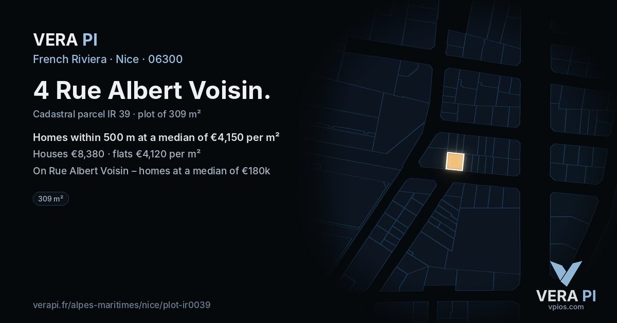 4 Rue Albert Voisin, Nice at night – the plot lit, the parcels around coloured by the prices near them