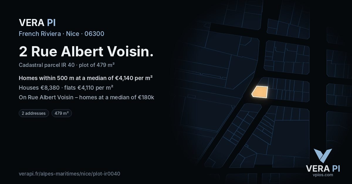 2 Rue Albert Voisin, Nice at night – the plot lit, the parcels around coloured by the prices near them