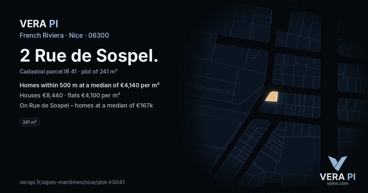 2 Rue de Sospel, Nice at night – the plot lit, the parcels around coloured by the prices near them