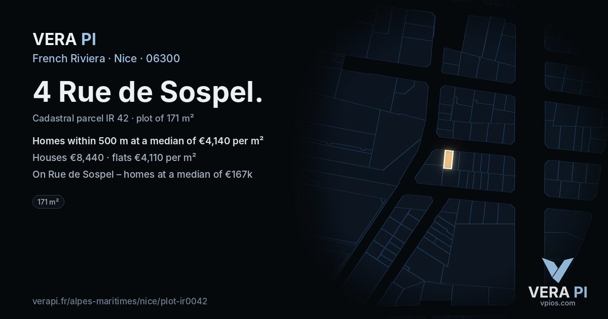 4 Rue de Sospel, Nice at night – the plot lit, the parcels around coloured by the prices near them