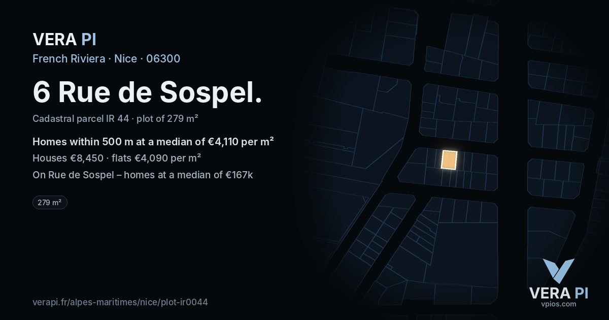 6 Rue de Sospel, Nice at night – the plot lit, the parcels around coloured by the prices near them