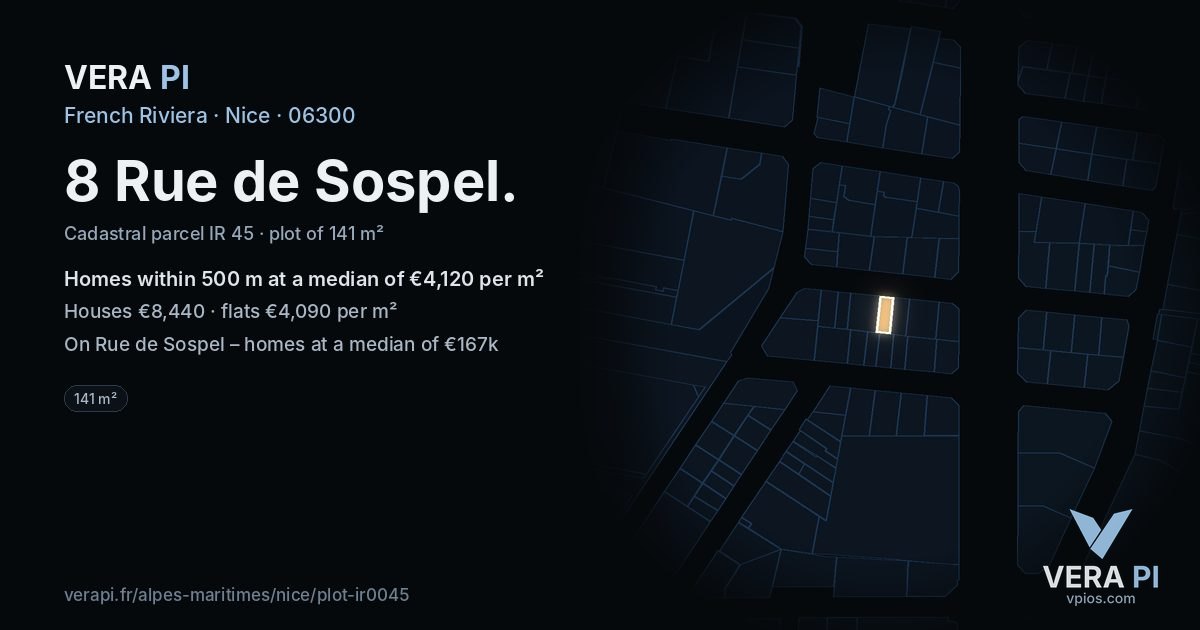 8 Rue de Sospel, Nice at night – the plot lit, the parcels around coloured by the prices near them