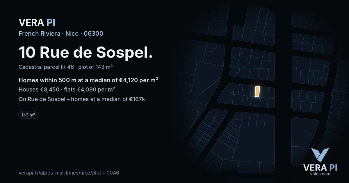10 Rue de Sospel, Nice at night – the plot lit, the parcels around coloured by the prices near them