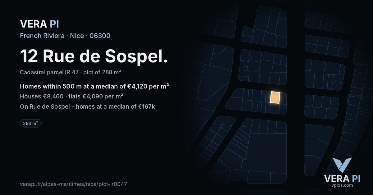 12 Rue de Sospel, Nice at night – the plot lit, the parcels around coloured by the prices near them