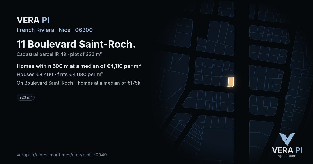 11 Boulevard Saint-Roch, Nice at night – the plot lit, the parcels around coloured by the prices near them