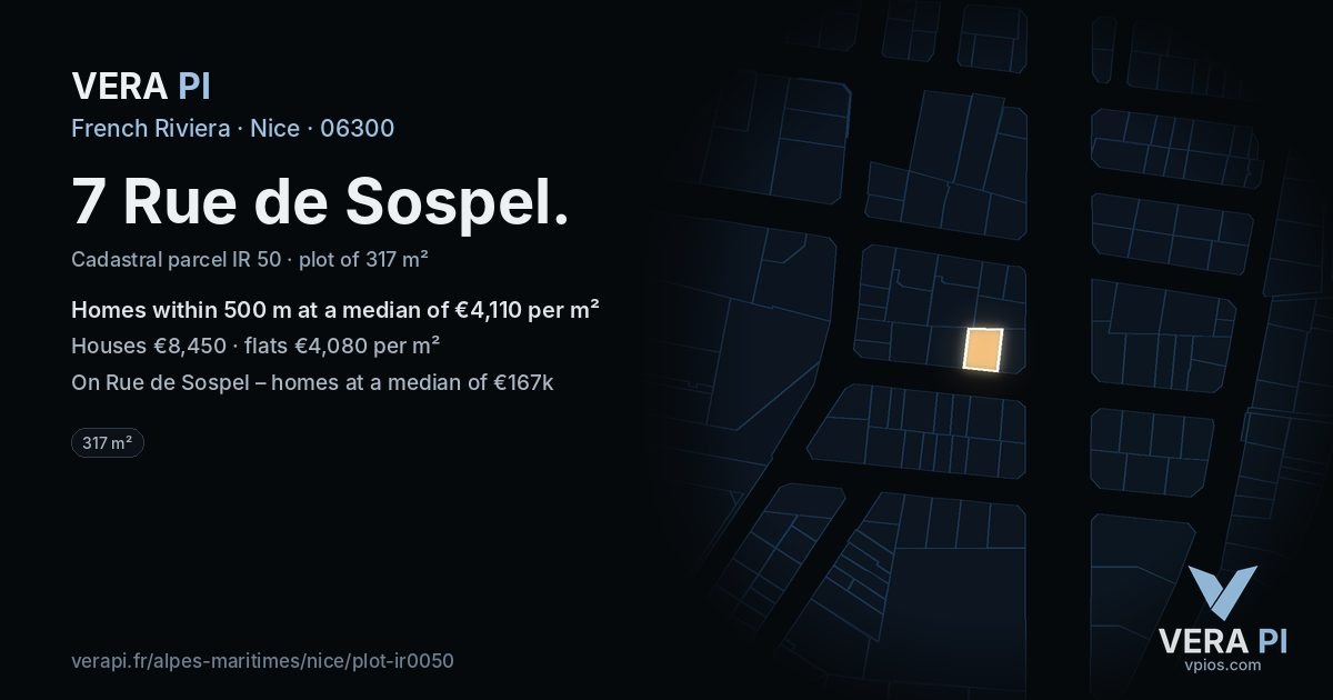 7 Rue de Sospel, Nice at night – the plot lit, the parcels around coloured by the prices near them