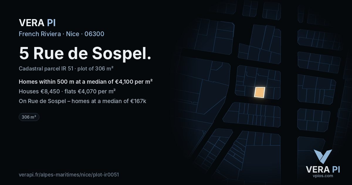 5 Rue de Sospel, Nice at night – the plot lit, the parcels around coloured by the prices near them