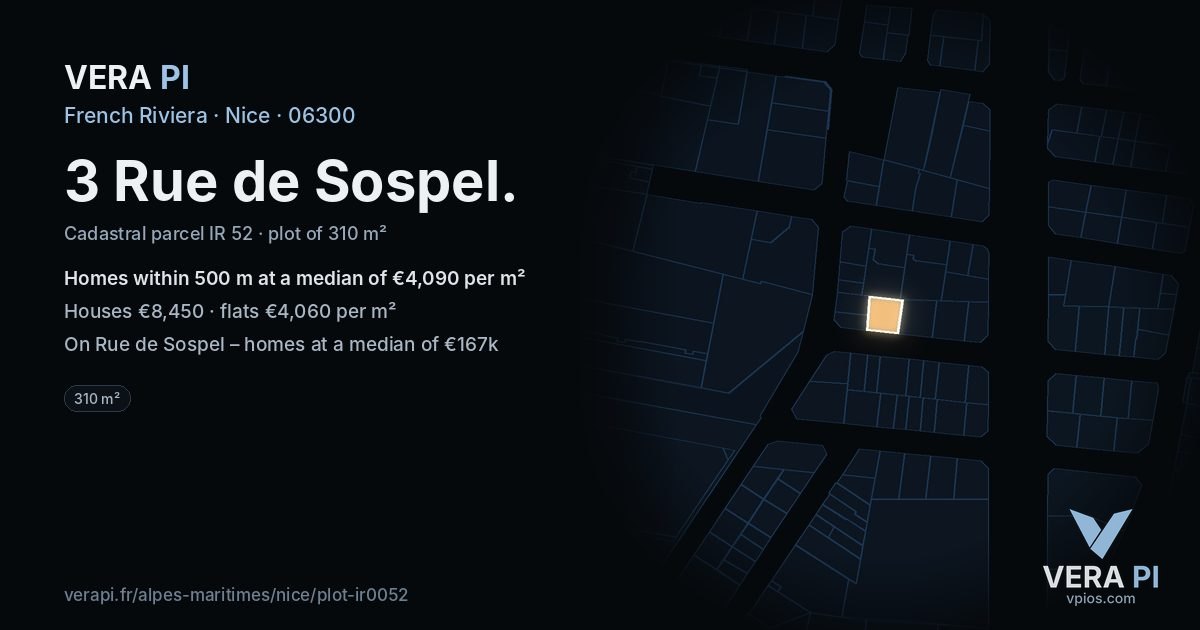 3 Rue de Sospel, Nice at night – the plot lit, the parcels around coloured by the prices near them