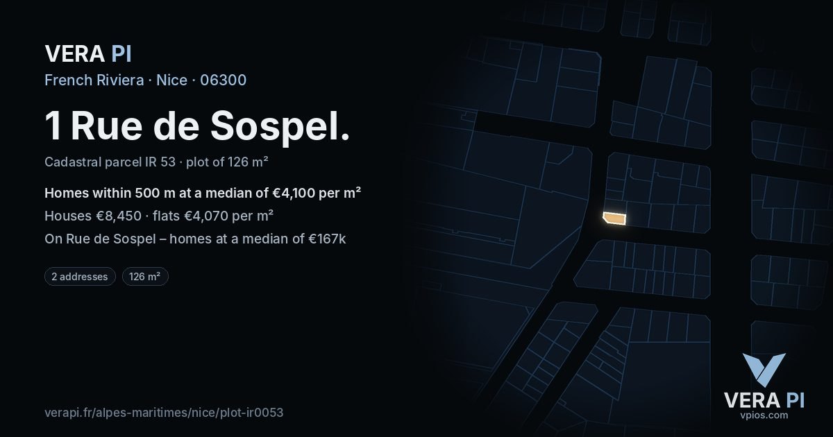 1 Rue de Sospel, Nice at night – the plot lit, the parcels around coloured by the prices near them