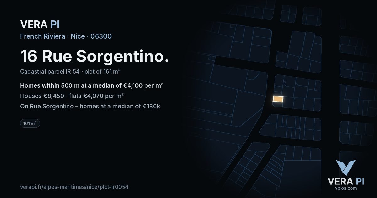 16 Rue Sorgentino, Nice at night – the plot lit, the parcels around coloured by the prices near them