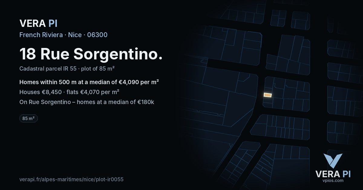 18 Rue Sorgentino, Nice at night – the plot lit, the parcels around coloured by the prices near them