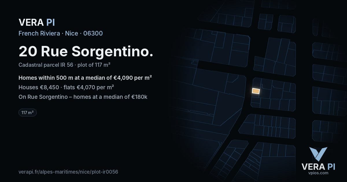 20 Rue Sorgentino, Nice at night – the plot lit, the parcels around coloured by the prices near them